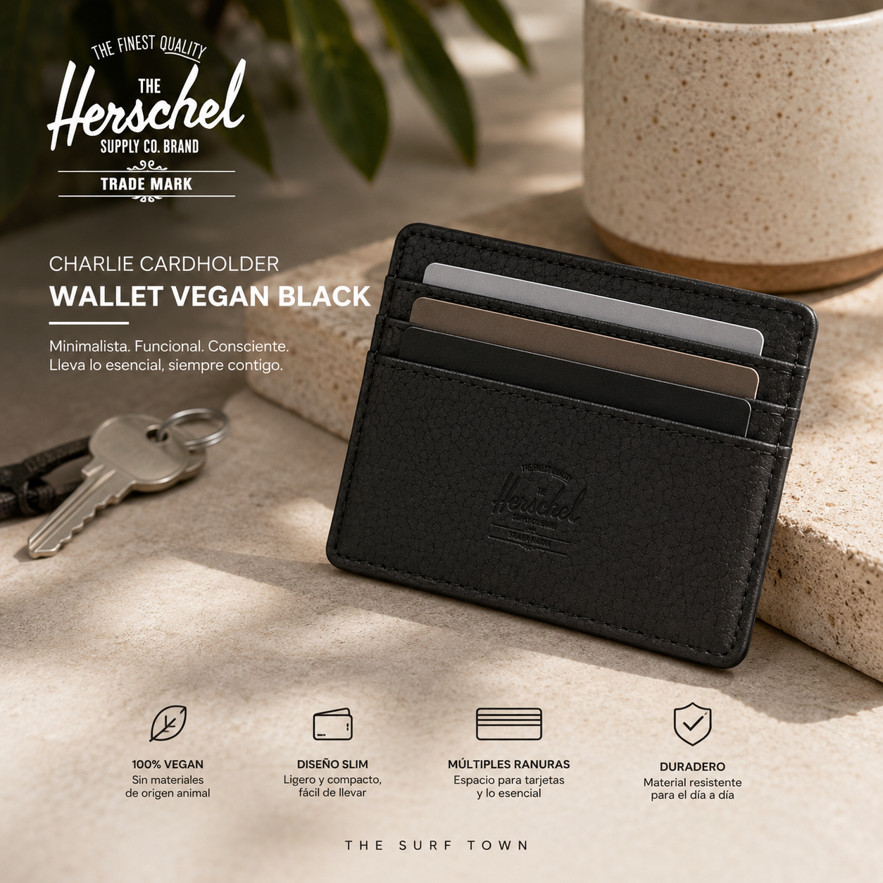 Tarjetero Herschel Charlie Cardholder Wallet Vegan Black en fotografía editorial propia de THE SURF TOWN con diseño minimalista, formato slim y estilo urbano para uso diario