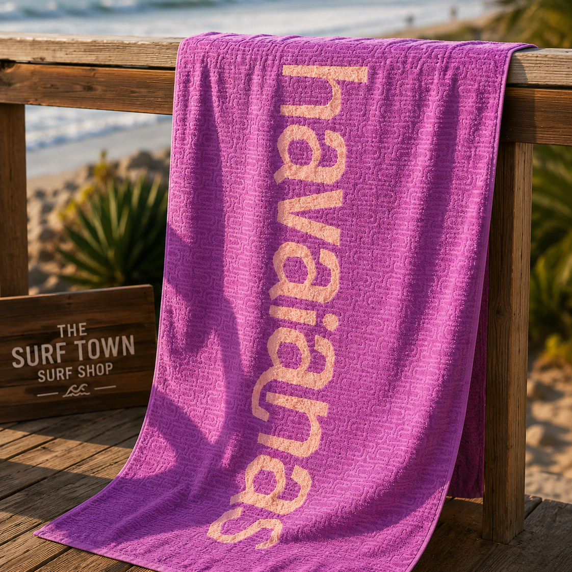 Toalla Havaianas morada coral de playa en ambiente surf lifestyle premium frente al mar
