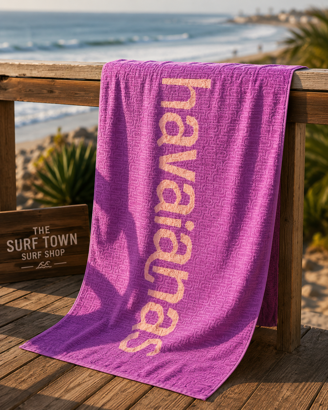 Toalla Havaianas morada coral de playa en ambiente surf lifestyle premium frente al mar