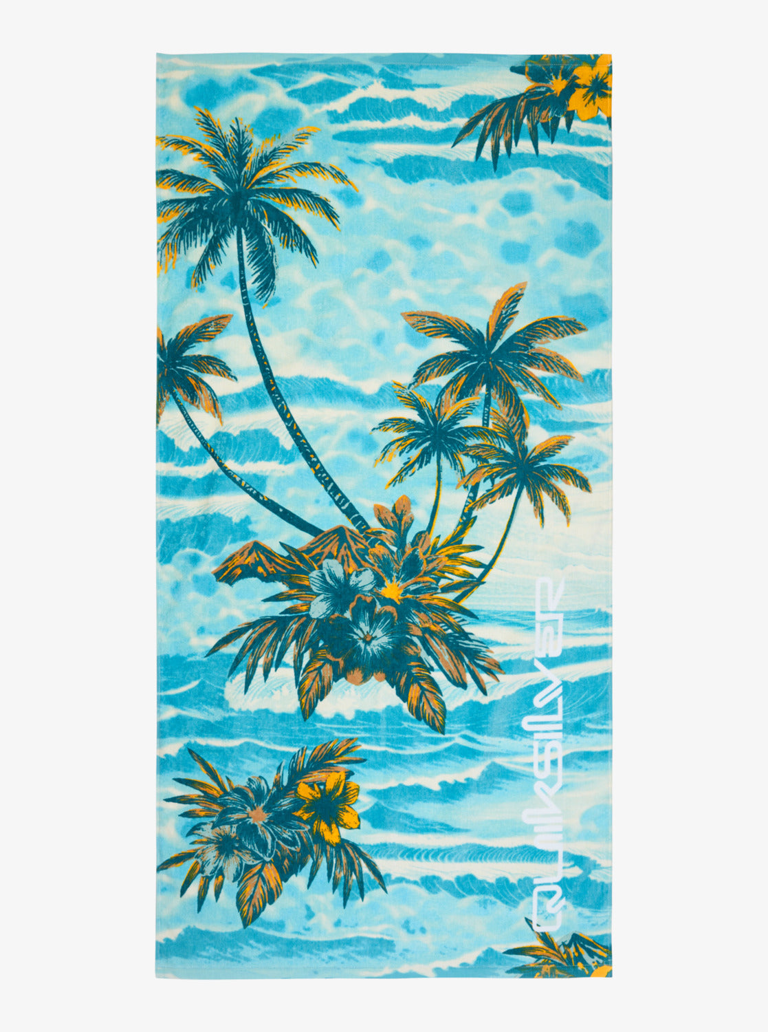 Toalla de playa QUIKSILVER Freshness Aqua Sundown con diseño tropical en tonos azul y palmeras, ideal para surf, piscina o verano, con secado rápido y gran absorción