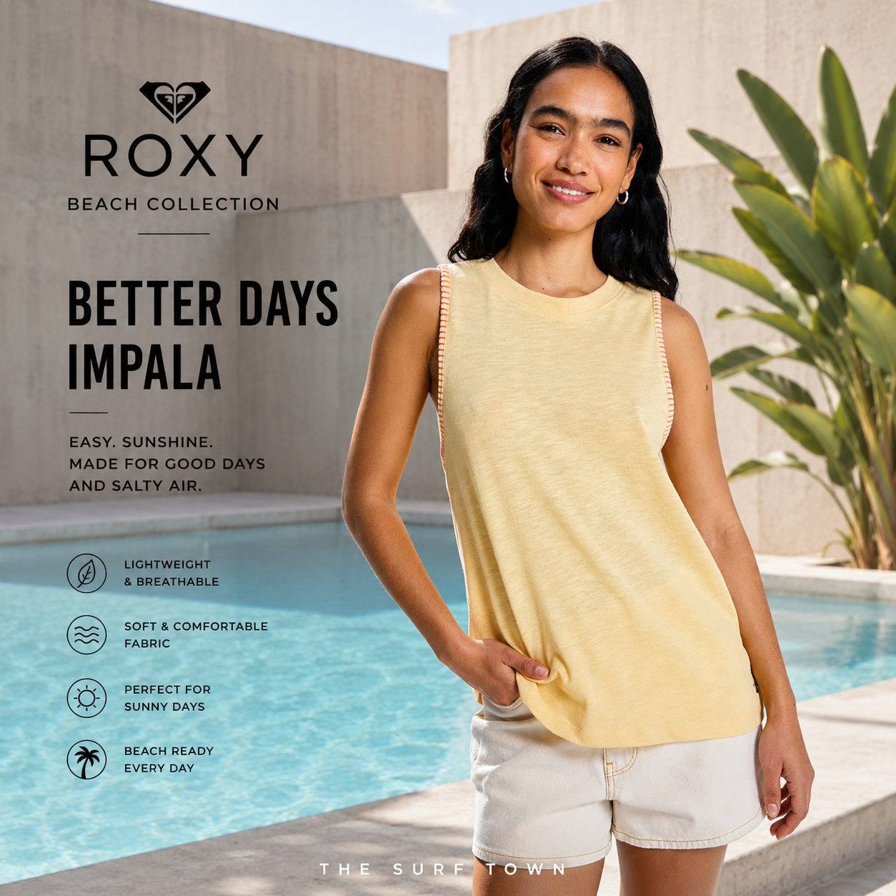 Fotografía propia de THE SURF TOWN del top Roxy Better Days Impala para mujer en piscina brutalista de hormigón con ambiente beach lifestyle premium