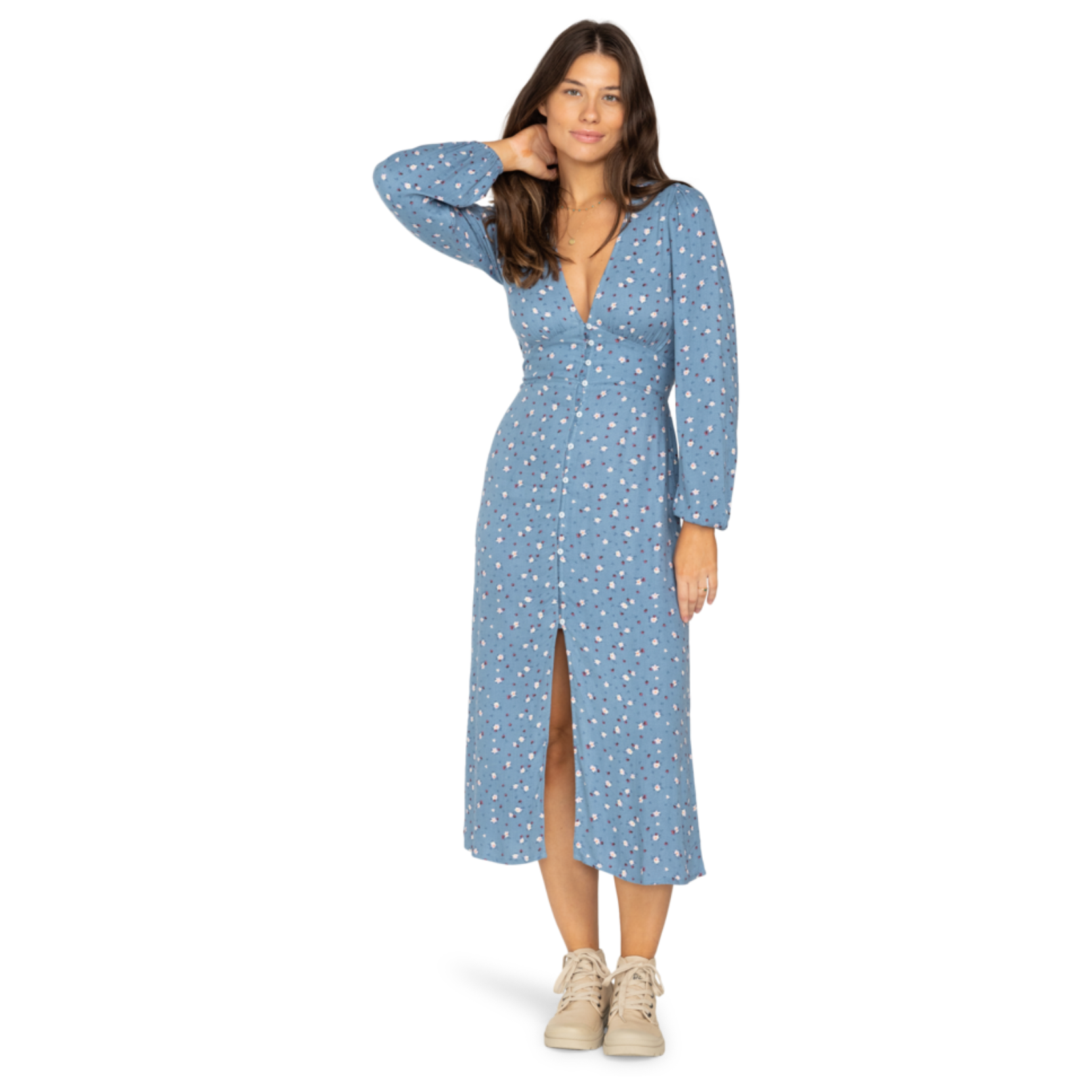 Maxi vestido BILLABONG Cool Nights Blue Shadow azul de manga larga con botones frontales para mujer