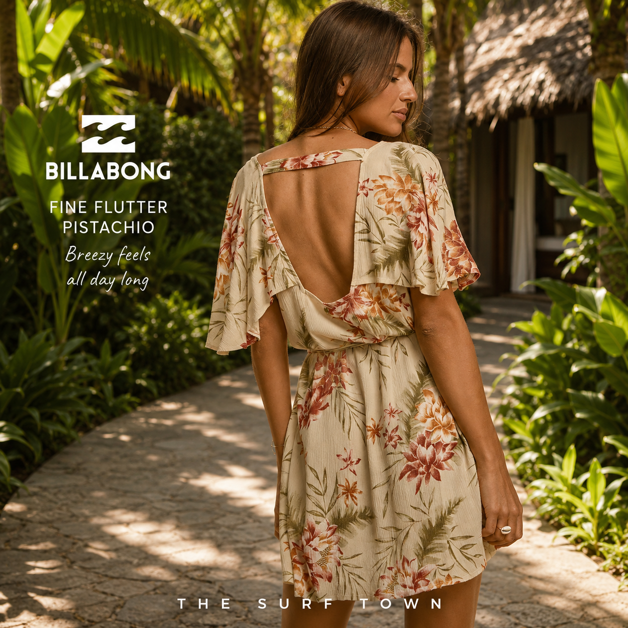 Vestido Billabong Fine Flutter Pistachio en fotografía editorial propia de THE SURF TOWN en sendero tropical de resort premium con estilo surf lifestyle femenino