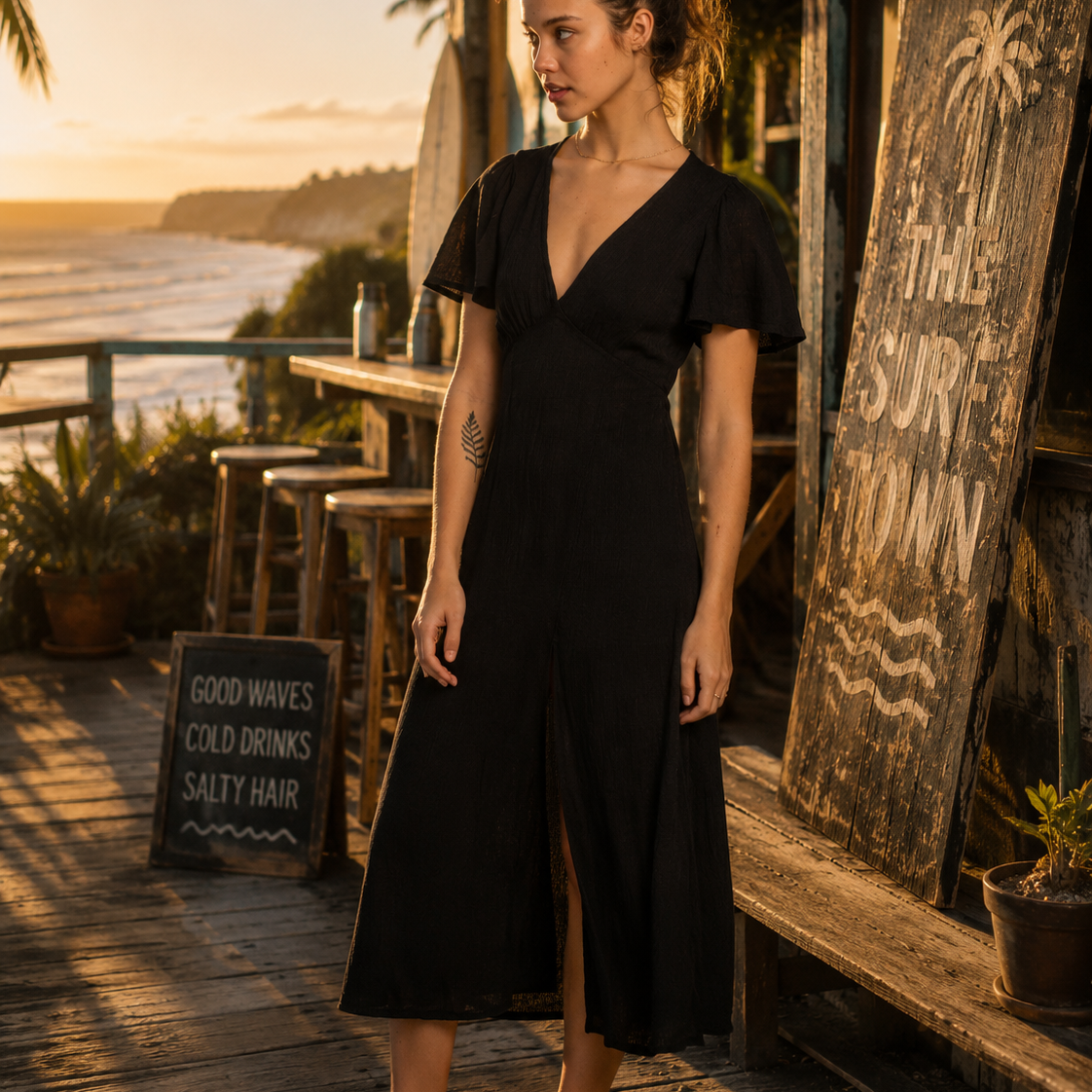 Vestido Billabong negro mujer estilo boho surf premium en beach café sunset Costa del Sol