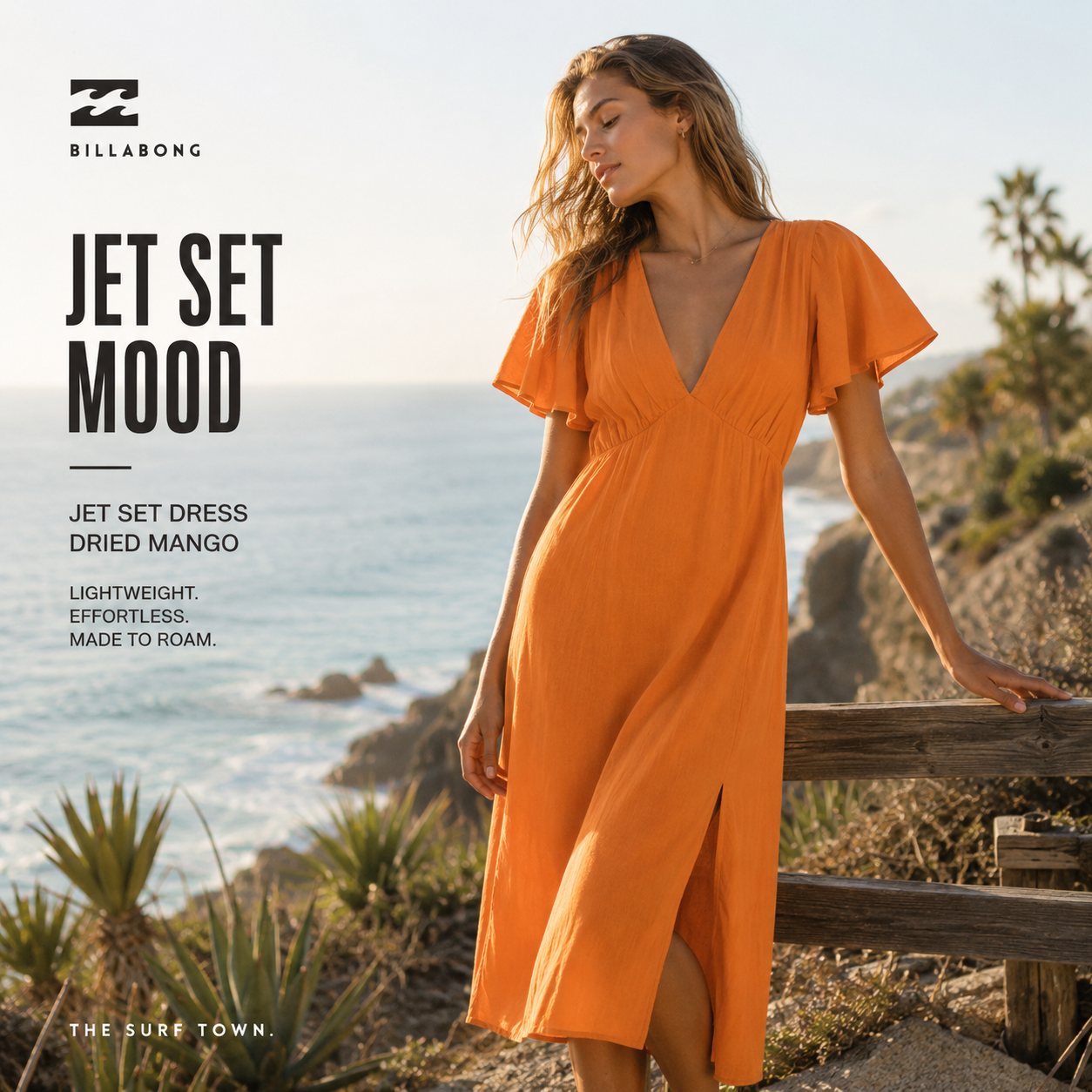 Vestido Billabong Jet Set Dried Mango en fotografía editorial propia de THE SURF TOWN con estilo beach lifestyle premium junto al océano