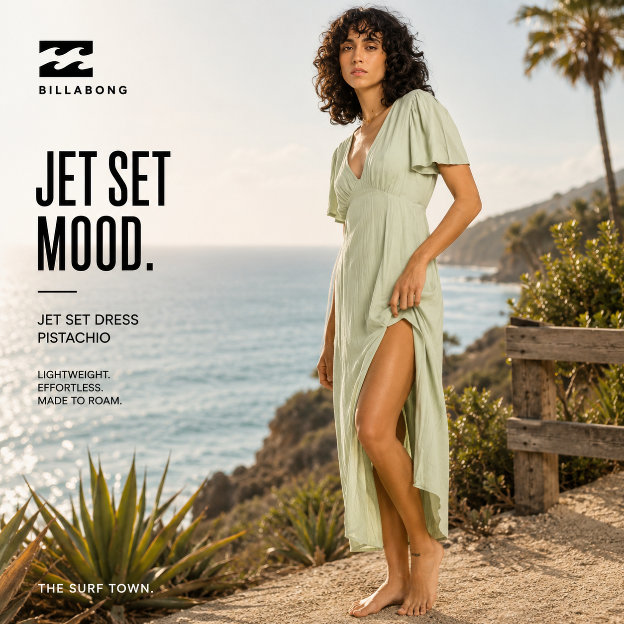 Vestido Billabong Jet Set Pistachio en fotografía propia de THE SURF TOWN con estilo beach lifestyle premium frente al océano y ambiente costero exclusivo