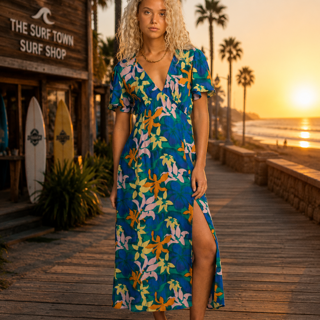 Vestido Billabong mujer floral azul lifestyle coastal premium en paseo marítimo al atardecer frente al mar