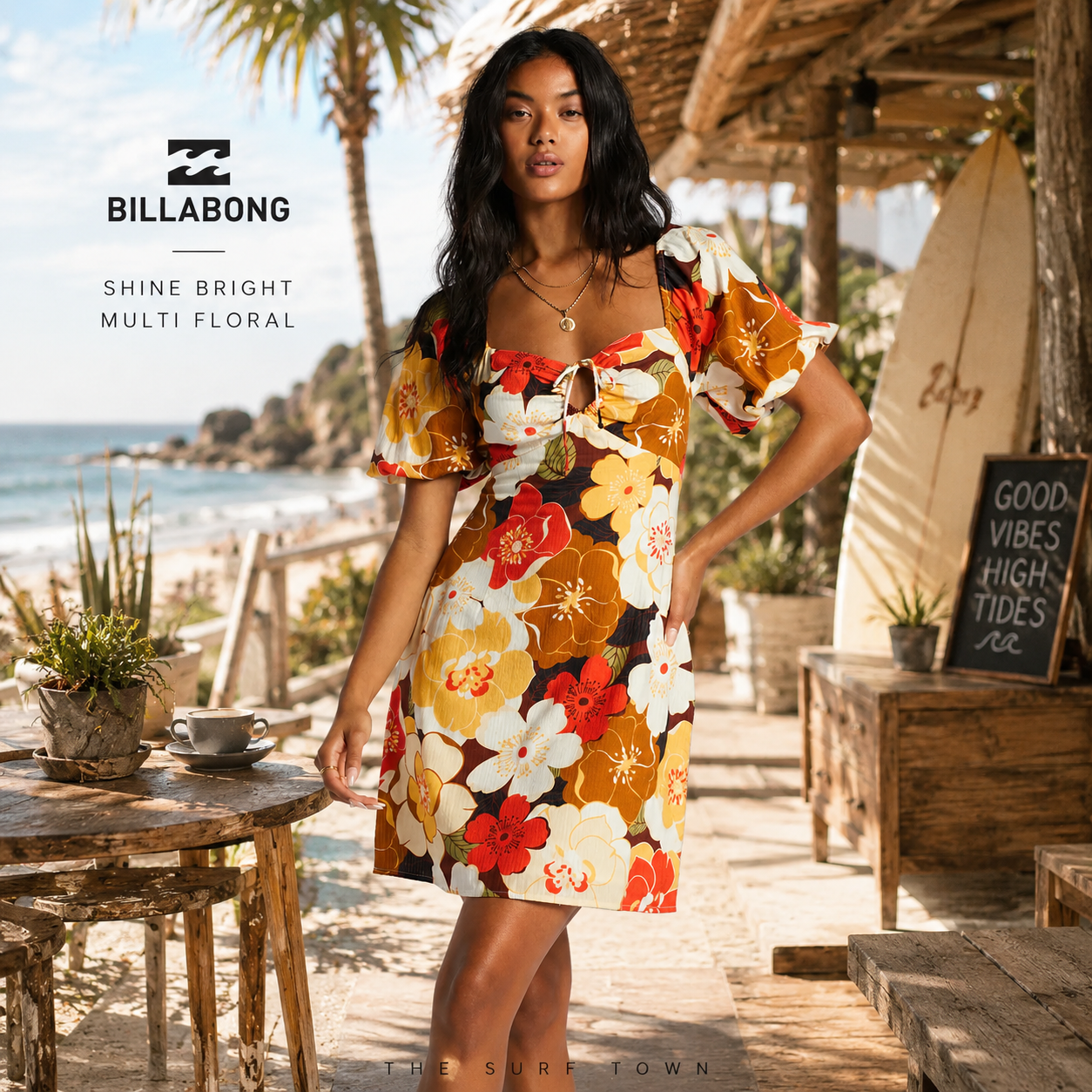Vestido Billabong Shine Bright Multi Floral en fotografía editorial propia de THE SURF TOWN en beach club premium frente al mar con estilo surf lifestyle femenino