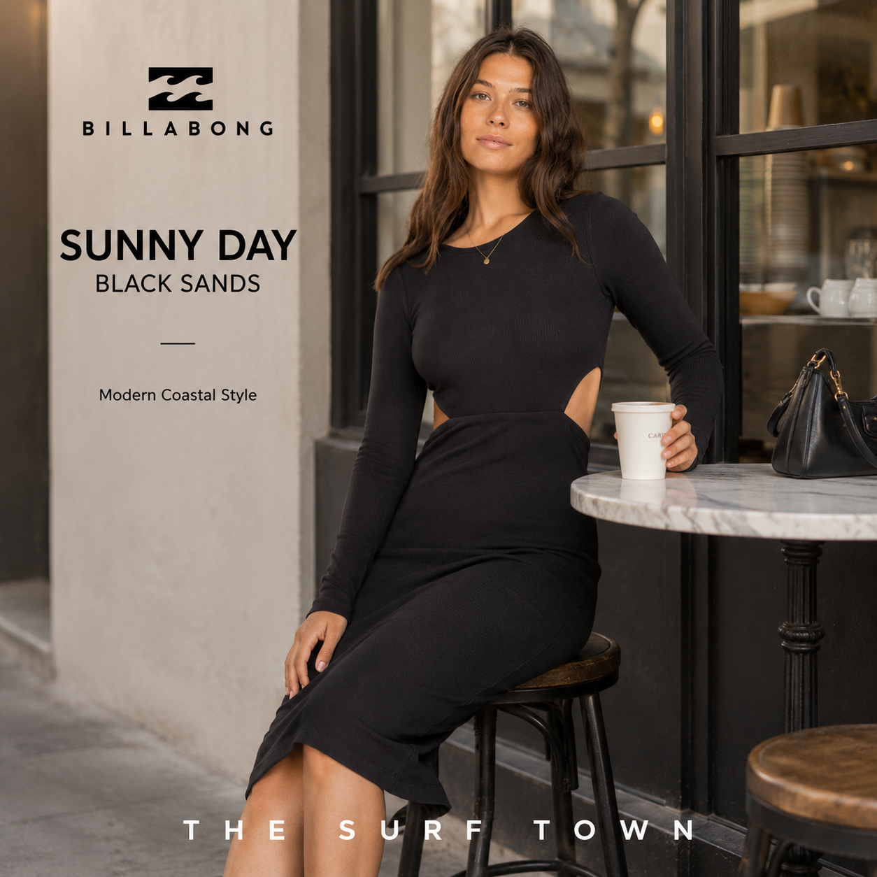 Vestido Billabong Sunny Day Black Sands en fotografía editorial propia de THE SURF TOWN en cafetería premium con estilo coastal chic y moda surf femenina