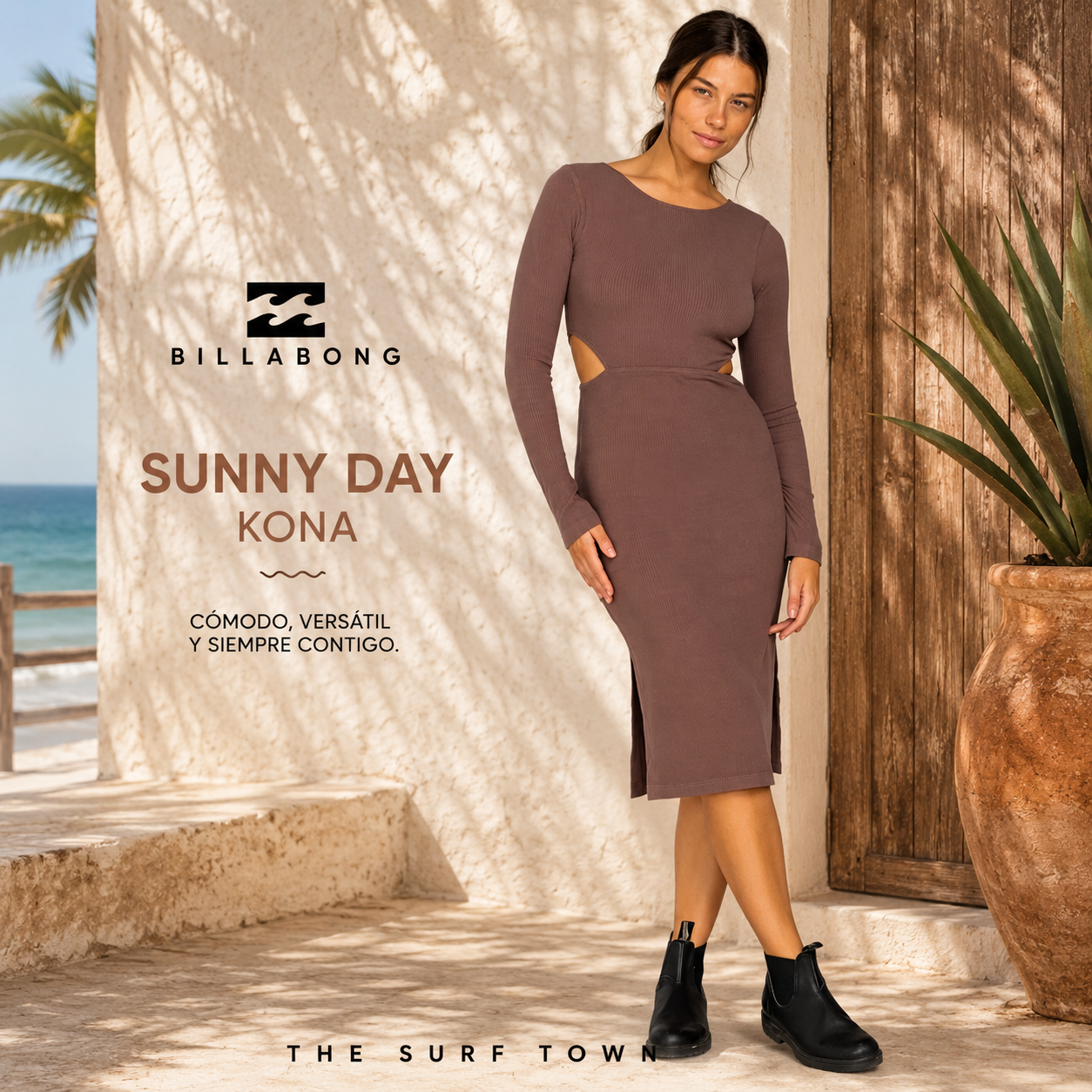Vestido Billabong Sunny Day Kona en fotografía editorial propia de THE SURF TOWN con beach club mediterráneo premium y estilo surf lifestyle femenino