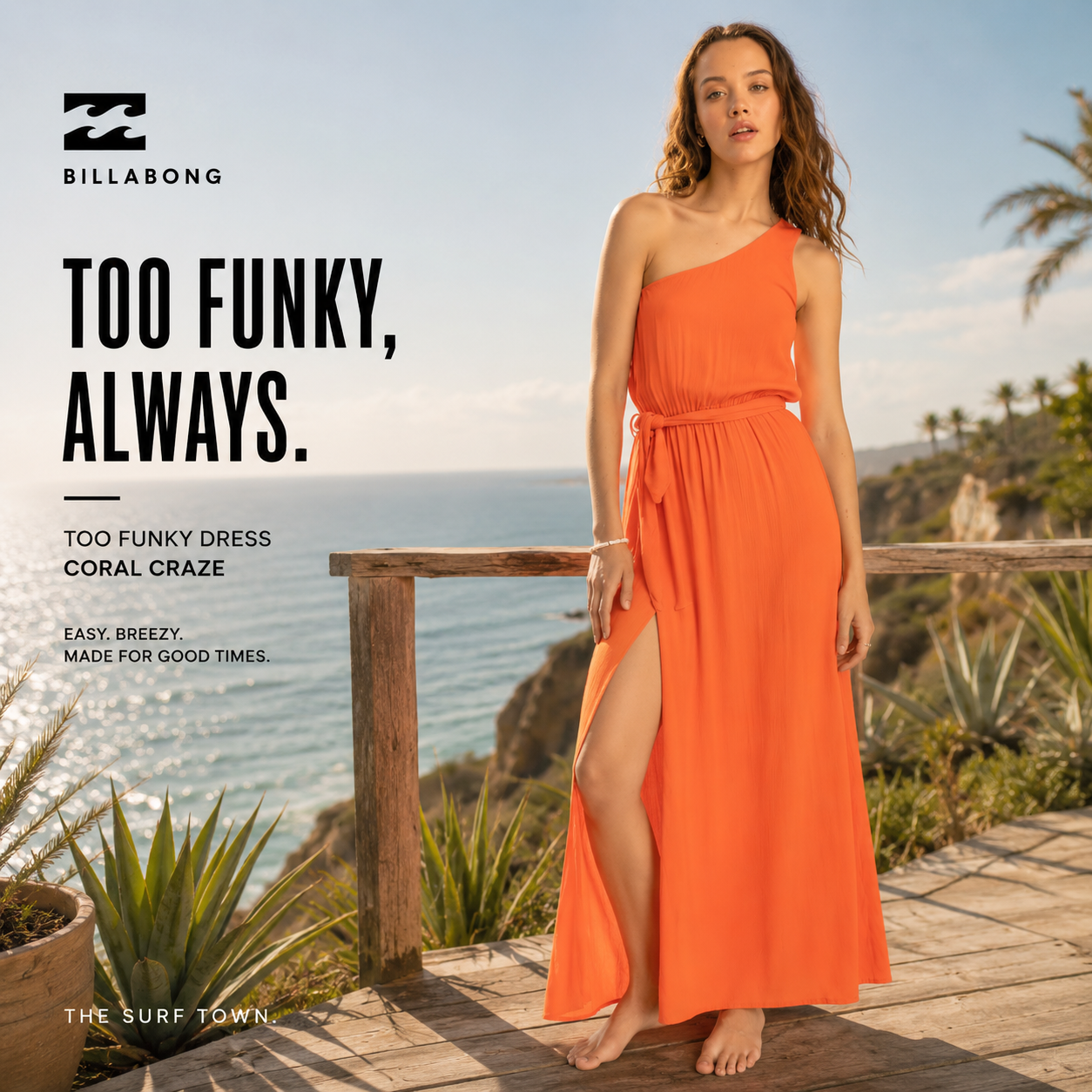Vestido Billabong Too Funky Coral Craze en imagen exclusiva creada por THE SURF TOWN con fotografía editorial beach lifestyle premium frente al océano