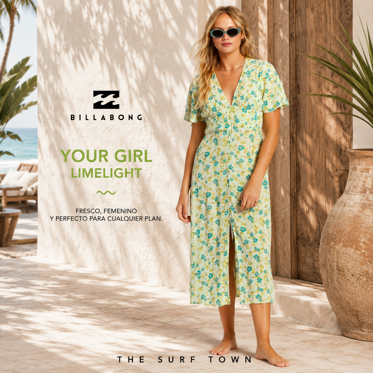 Vestido Billabong Your Girl Limelight en fotografía editorial propia de THE SURF TOWN con beach club tropical premium y estilo surf lifestyle femenino