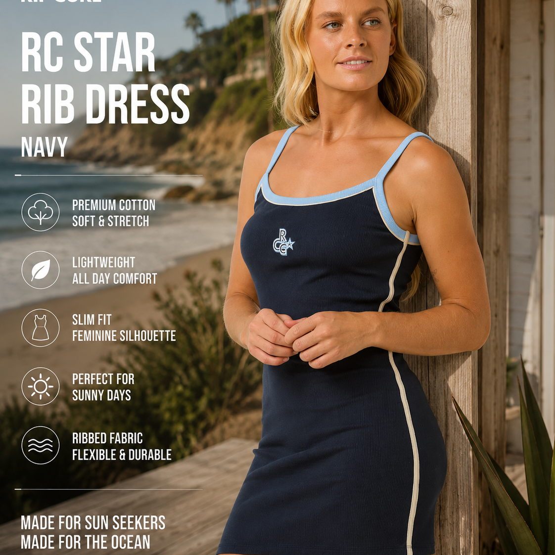 Vestido Rip Curl Las Dalias Navy Mujer integrado en escena coastal premium con estética surf lifestyle femenina