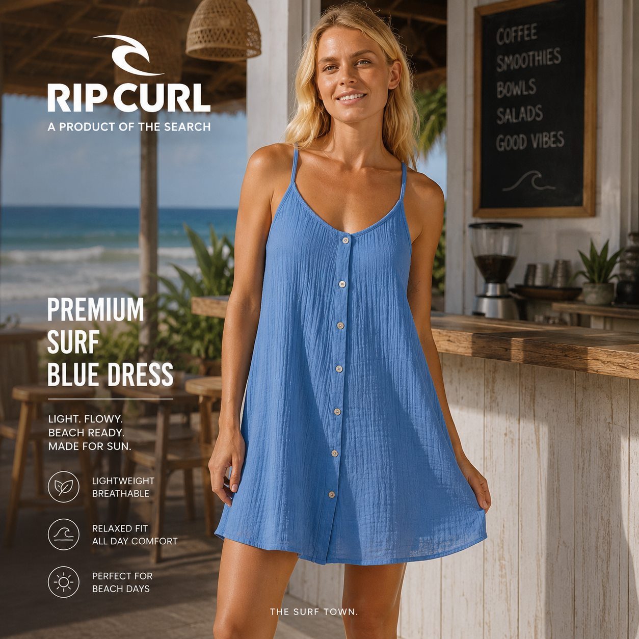 Vestido Rip Curl Premium Surf Blue para mujer con estilo veraniego y tejido ligero azul