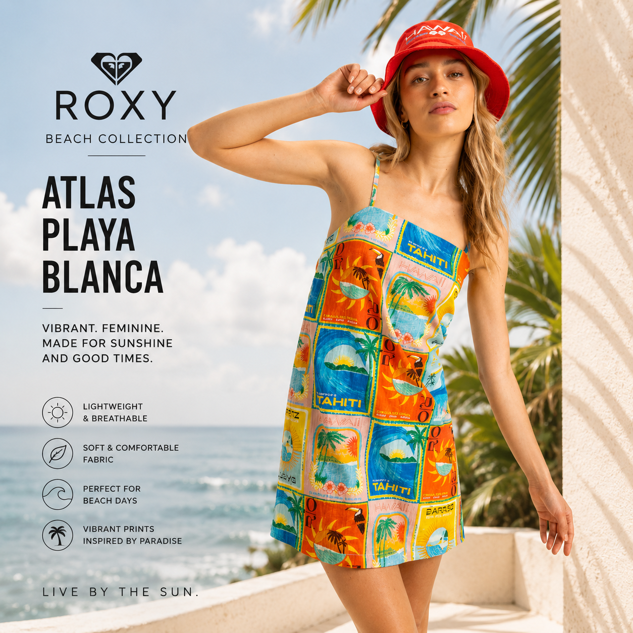 Vestido Roxy Atlas Playa Blanca para mujer con estampado tropical multicolor y estilo veraniego