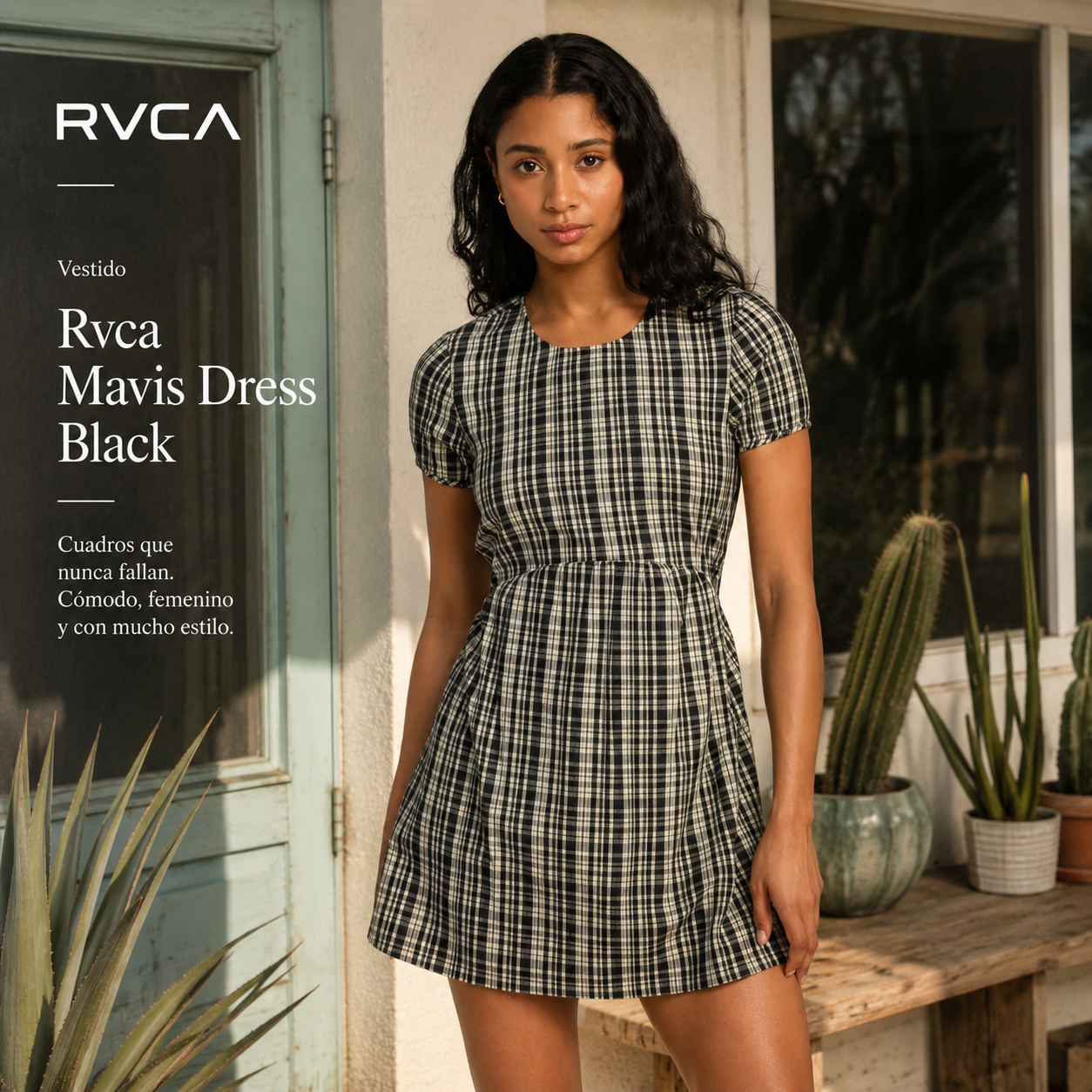 Vestido Rvca Mavis Dress Black de mujer en escena editorial coastal premium con estética surfwear y luz natural
