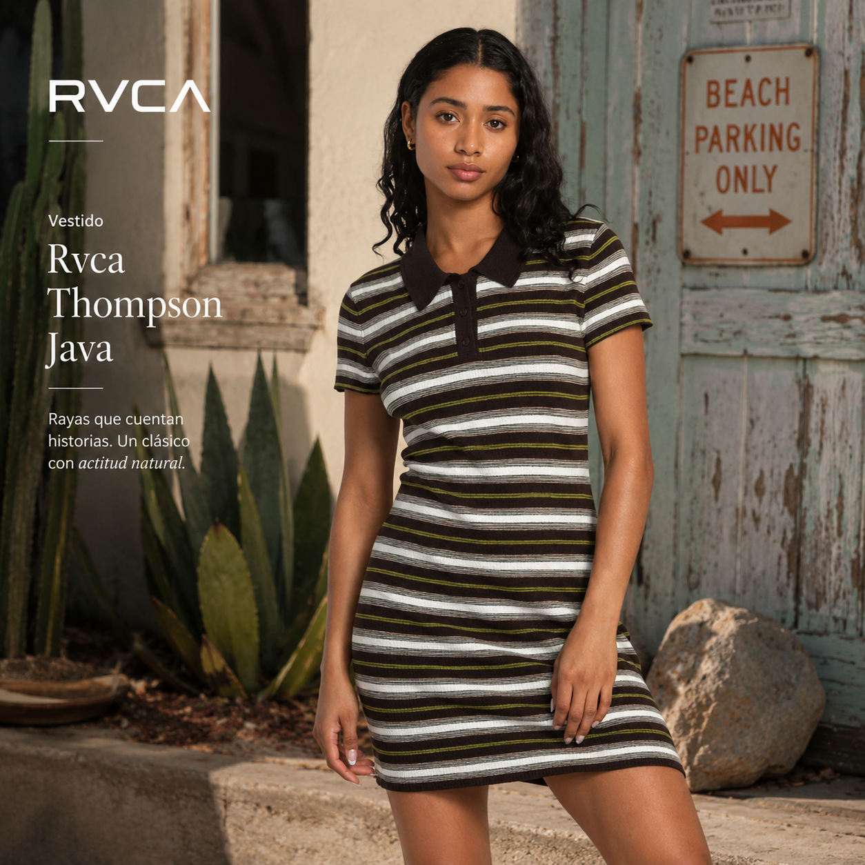 Vestido Rvca Thompson Java de mujer en escena coastal vintage con estética editorial surfwear premium y luz natural