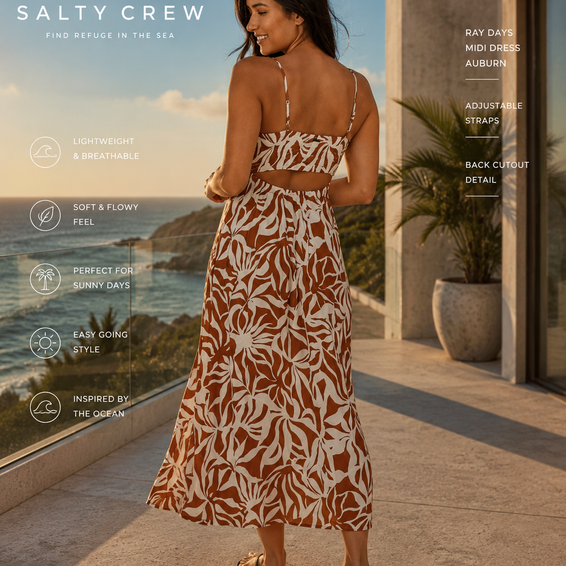 Vestido Salty Crew Ray Days Midi Dress Auburn en mirador oceánico arquitectónico, fotografía editorial propia de THE SURF TOWN con modelo lifestyle femenino, vestido midi estampado y estilo costero premium para verano