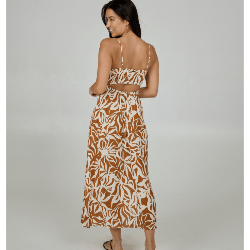 Vestido Salty Crew Ray Days Midi Dress Auburn para mujer con estampado veraniego, tirantes finos y largo midi de estilo costero