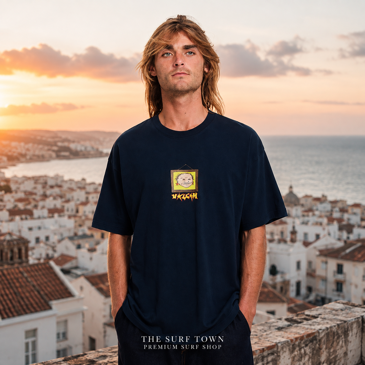 Camiseta Volcom Wise Boi Marine en azotea costera - editorial The Surf Town