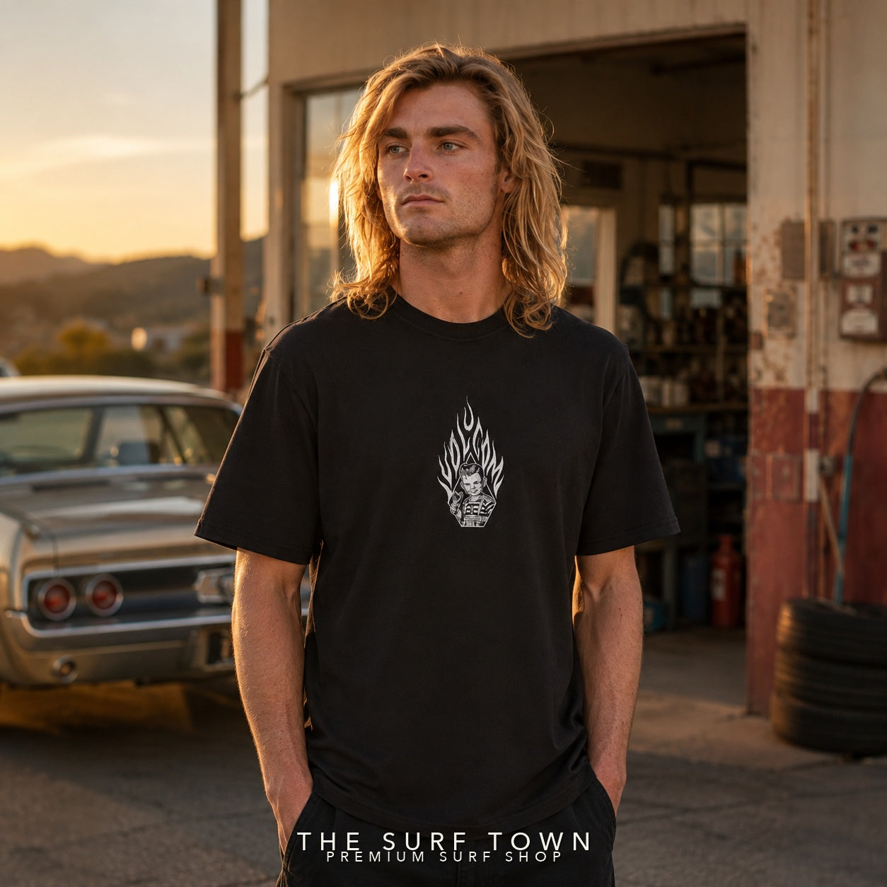 Camiseta Volcom Firecar Black en editorial premium The Surf Town