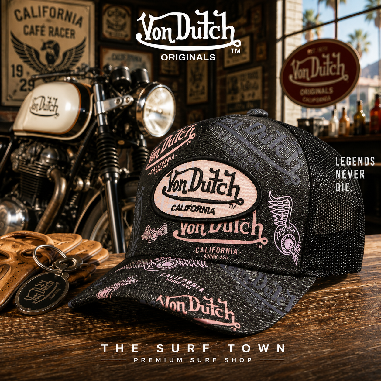 Gorra Von Dutch Cafe 07 en fotografía editorial propia de THE SURF TOWN PREMIUM SURF SHOP con escenario café racer vintage, moto clásica y estilo California heritage.