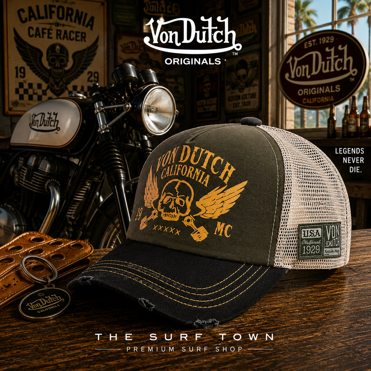 Gorra Von Dutch Crew 5 en fotografía editorial propia de THE SURF TOWN PREMIUM SURF SHOP con escenario café racer vintage, moto clásica y estilo California heritage.