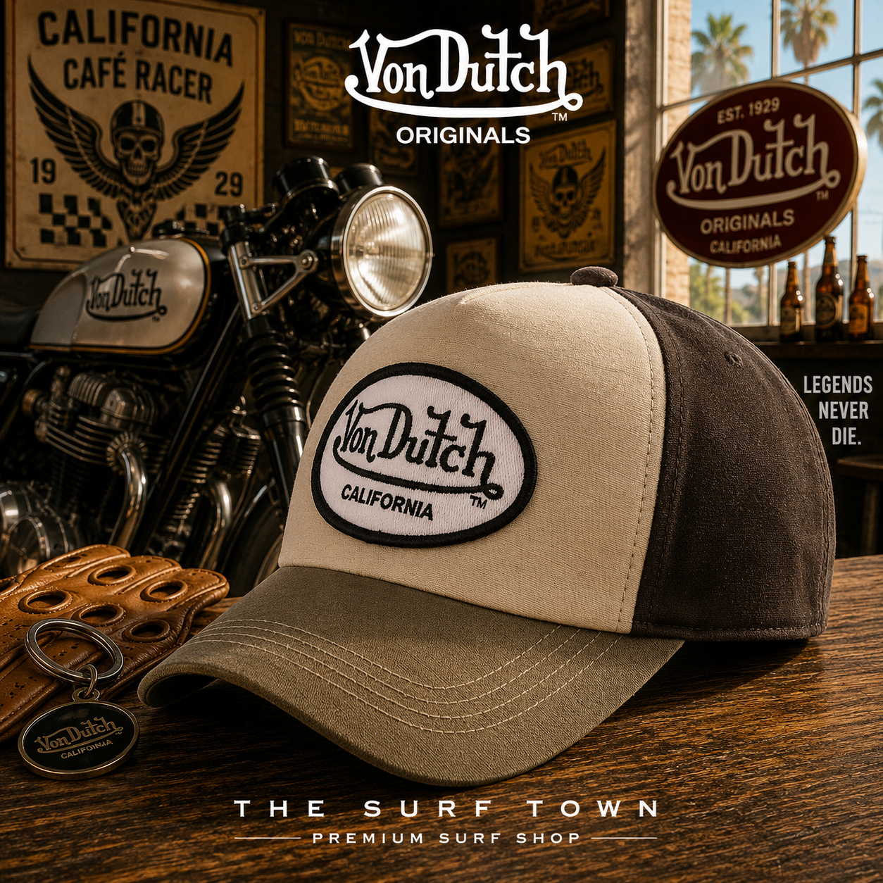 Gorra Von Dutch Jac Tol1 en fotografía editorial propia de THE SURF TOWN PREMIUM SURF SHOP con escenario café racer vintage, moto clásica y estilo California heritage.