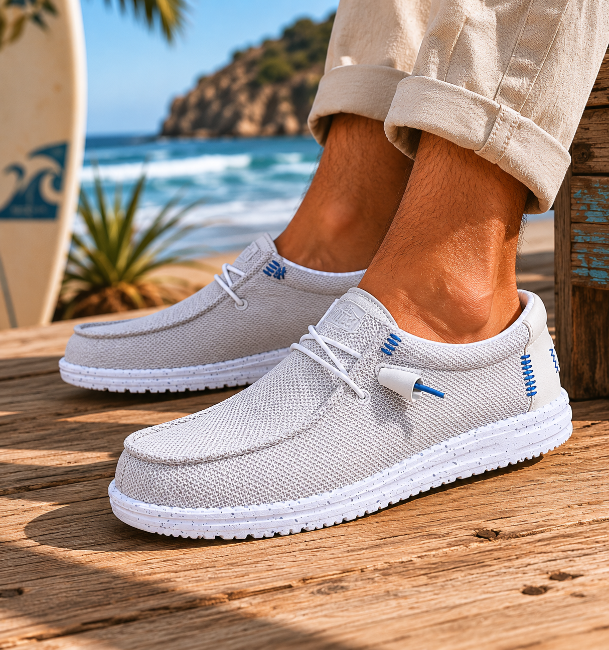 Zapatillas cómodas Hey Dude hombre color gris claro estilo coastal surf premium frente al mar