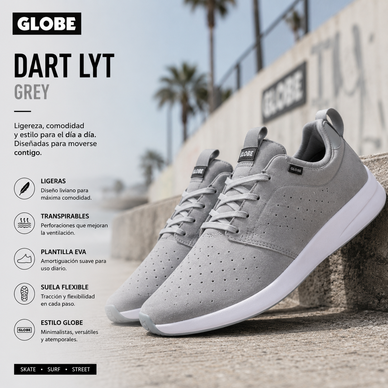 Zapatillas Globe Dart Lyt Grey grises en escena editorial urbana coastal lifestyle con estética minimal premium