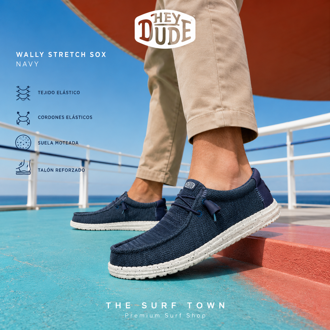 Zapatillas HEYDUDE Wally Stretch Sox Navy para hombre, imagen editorial propia de THE SURF TOWN