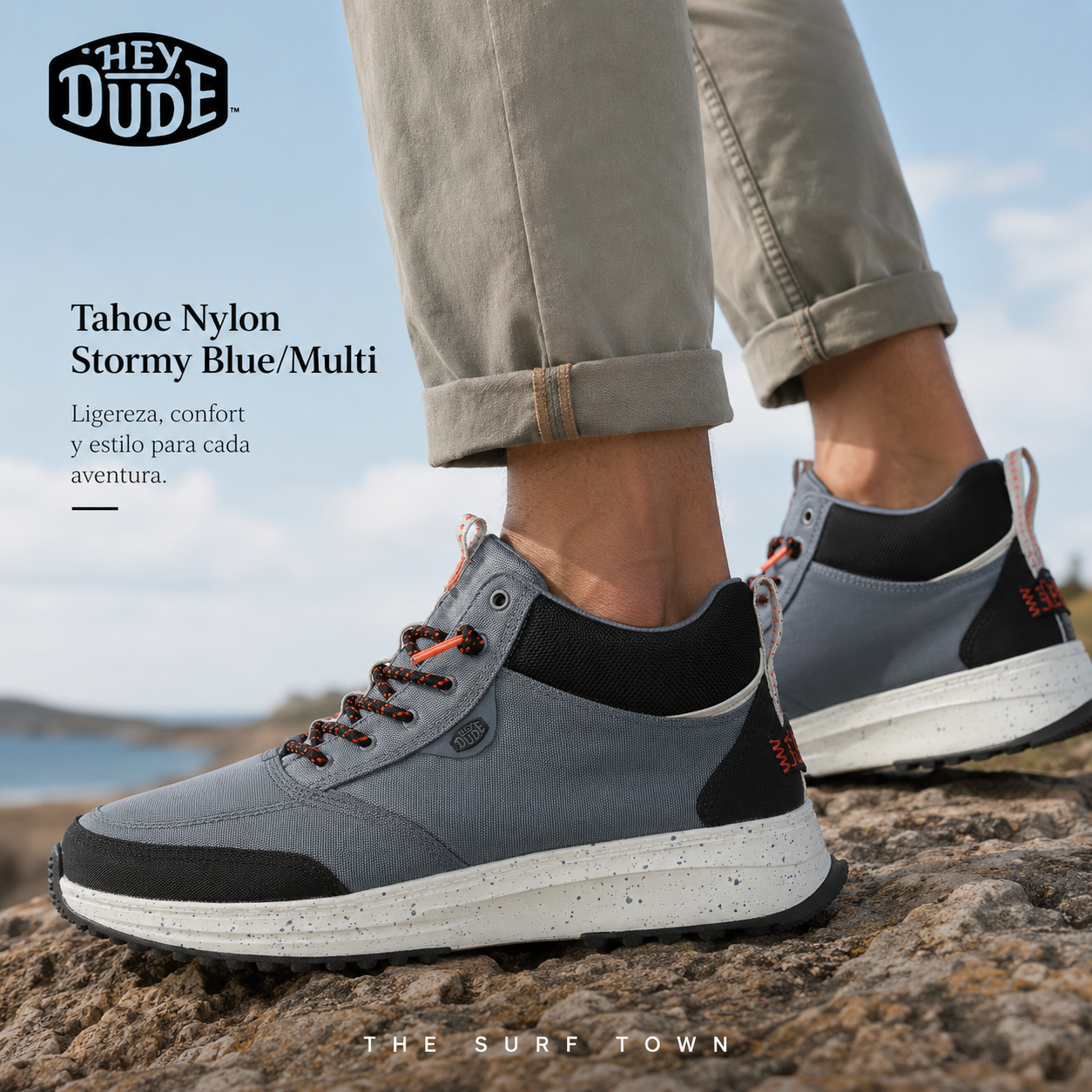 Zapatillas Hey Dude Tahoe Nylon Stormy Blue Multi para hombre en color azul grisáceo con suela ligera y estilo outdoor