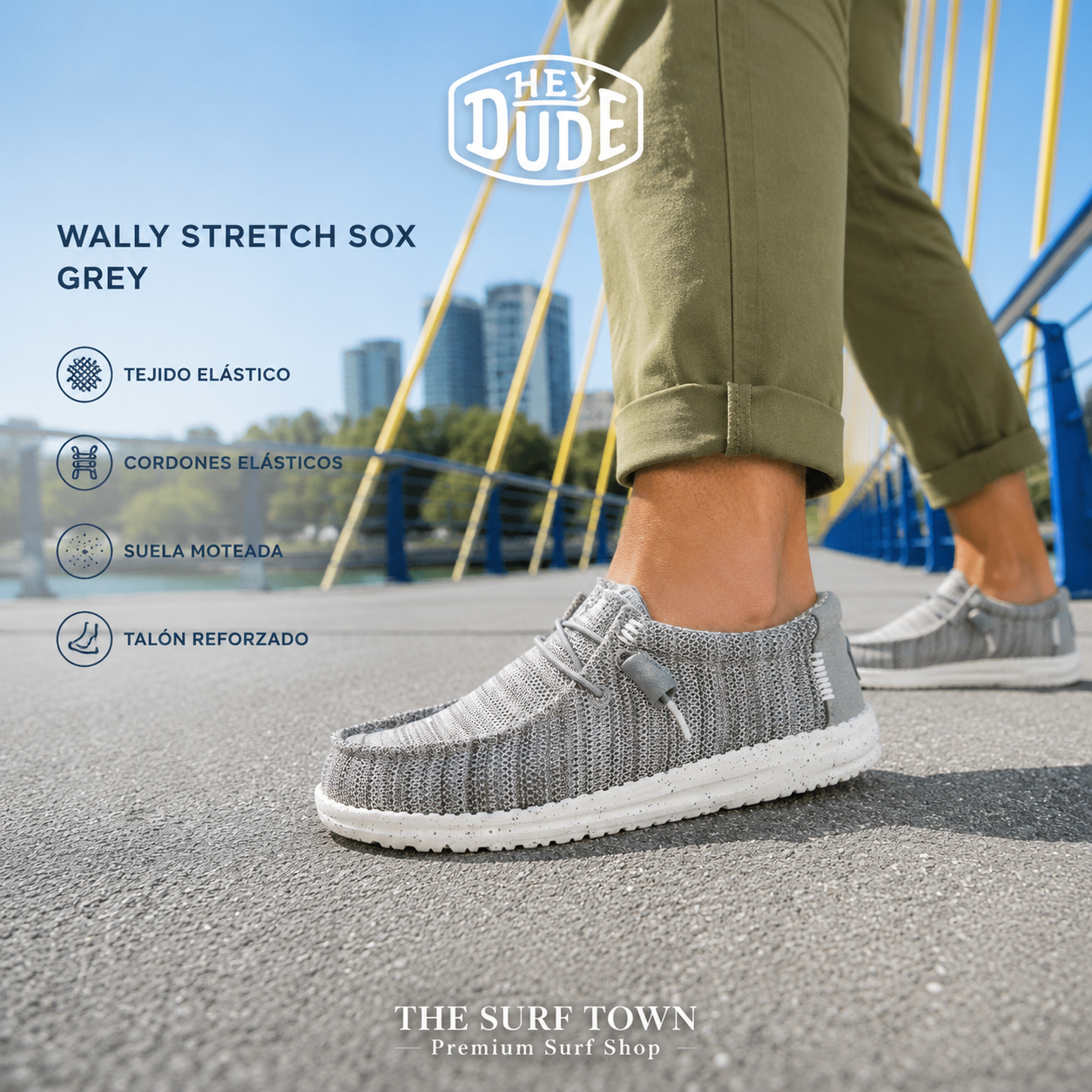 Zapatillas HEYDUDE Wally Stretch Sox Grey para hombre, imagen editorial propia de THE SURF TOWN
