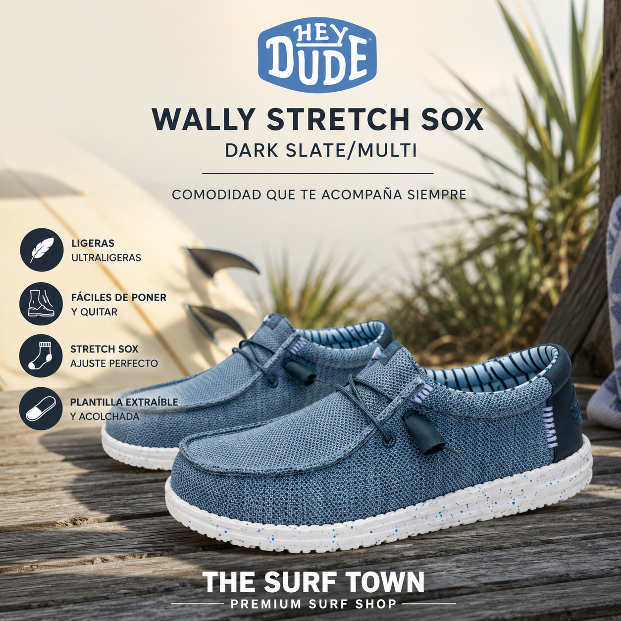 Zapatillas Hey Dude Wally Stretch Sox Dark Slate/Multi, imagen editorial propia de THE SURF TOWN