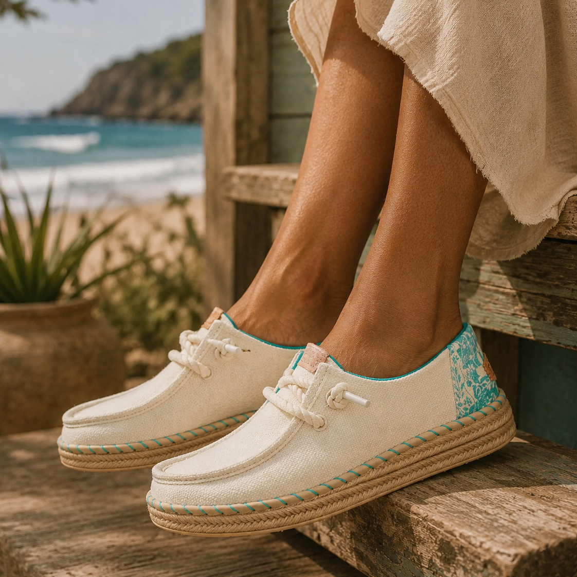Zapatillas Hey Dude espadrille mujer color egret estilo coastal lifestyle premium junto al mar