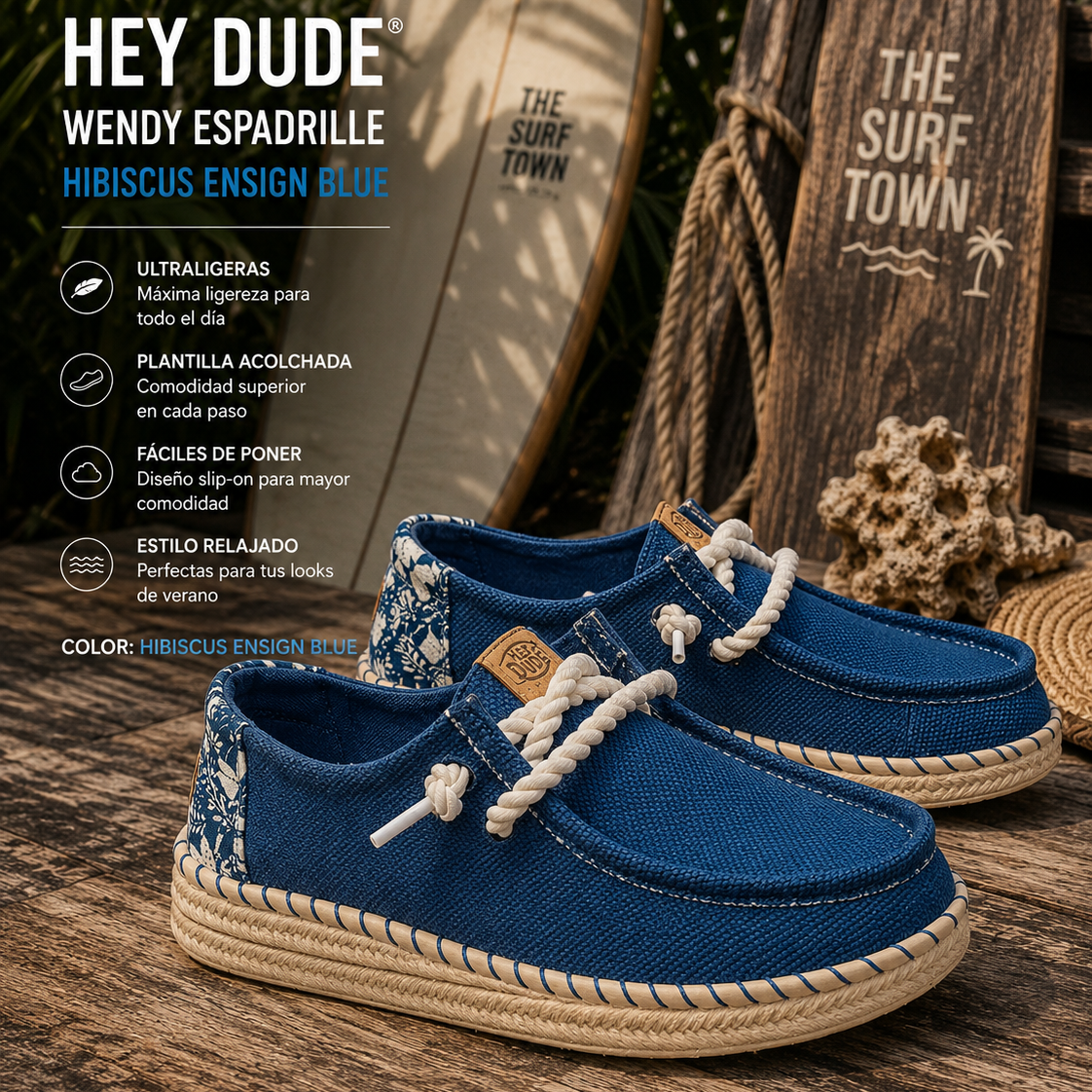 Zapatillas Hey Dude Wendy Espadrille Hibiscus Ensign Blue para mujer en escena surf lifestyle tropical premium