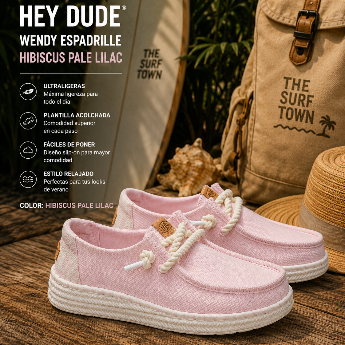 Zapatillas Hey Dude Wendy Espadrille Hibiscus Pale Lilac para mujer en escena surf lifestyle tropical premium