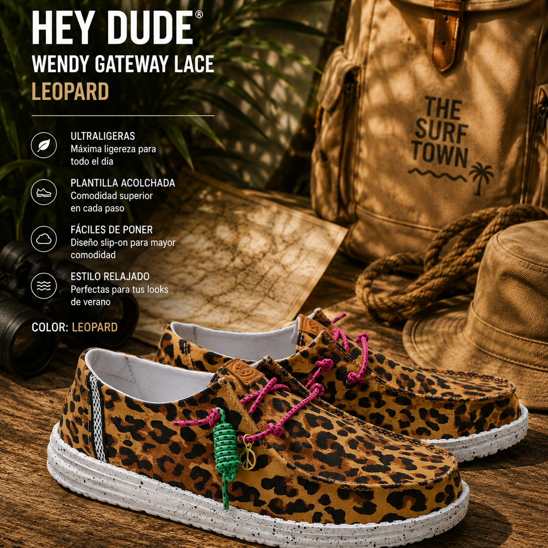 Zapatillas Hey Dude Wendy Gateway Lace Leopard para mujer en escena safari lifestyle premium con estampado animal print