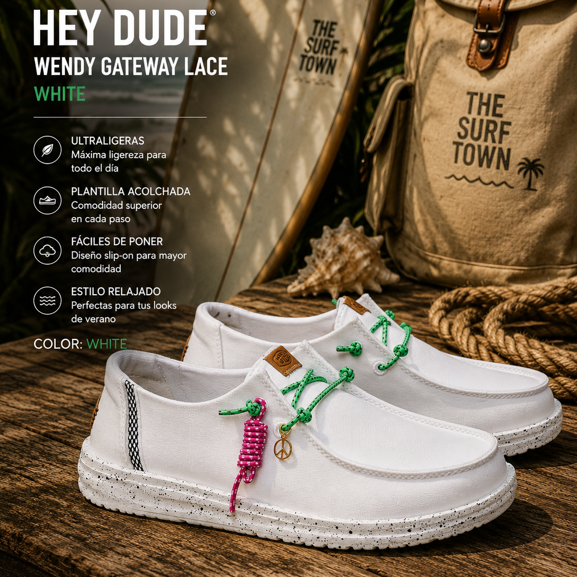 Zapatillas Hey Dude Wendy Gateway Lace White para mujer en escena surf lifestyle tropical premium