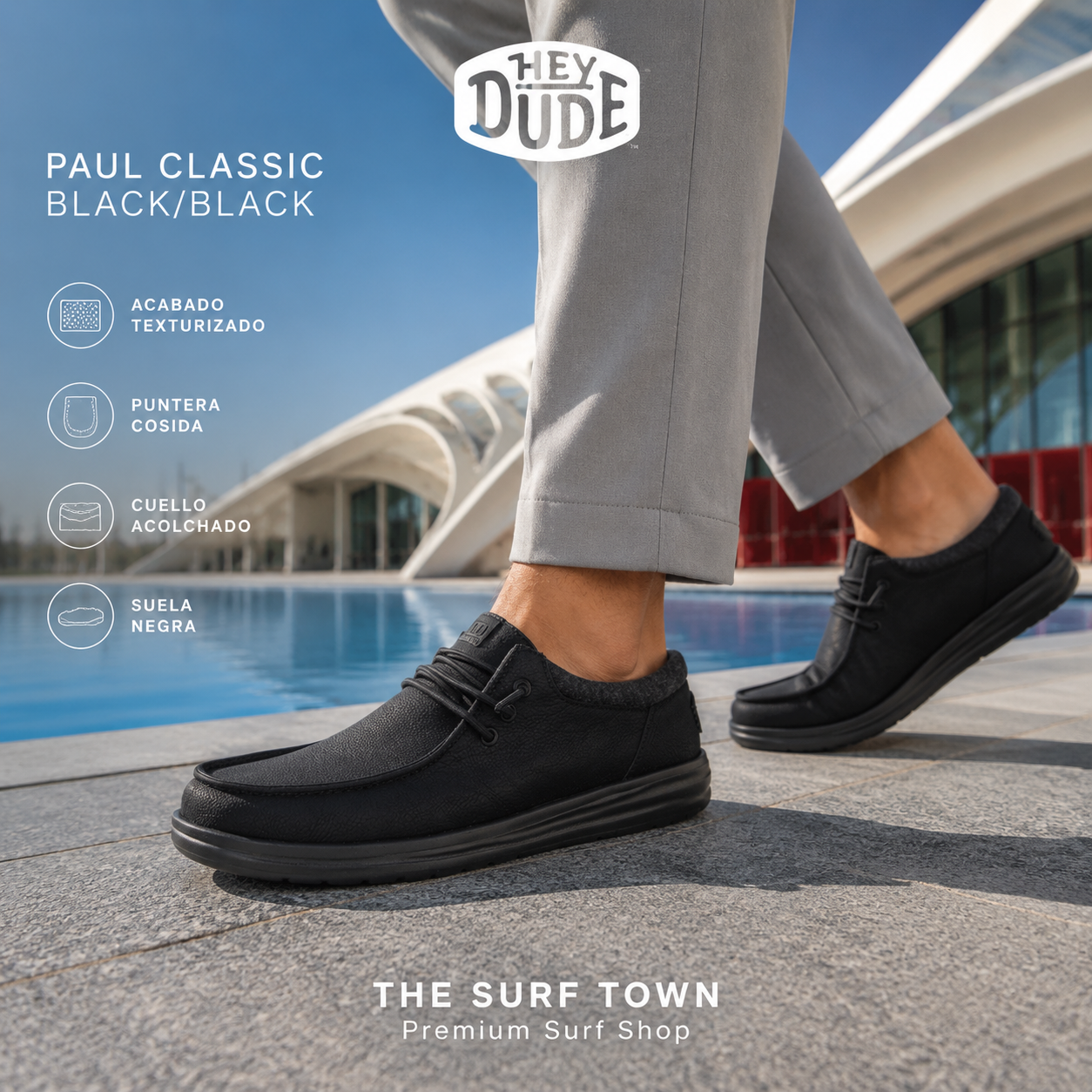 Zapatillas HEYDUDE Paul Classic Black Black para hombre, imagen editorial propia de THE SURF TOWN