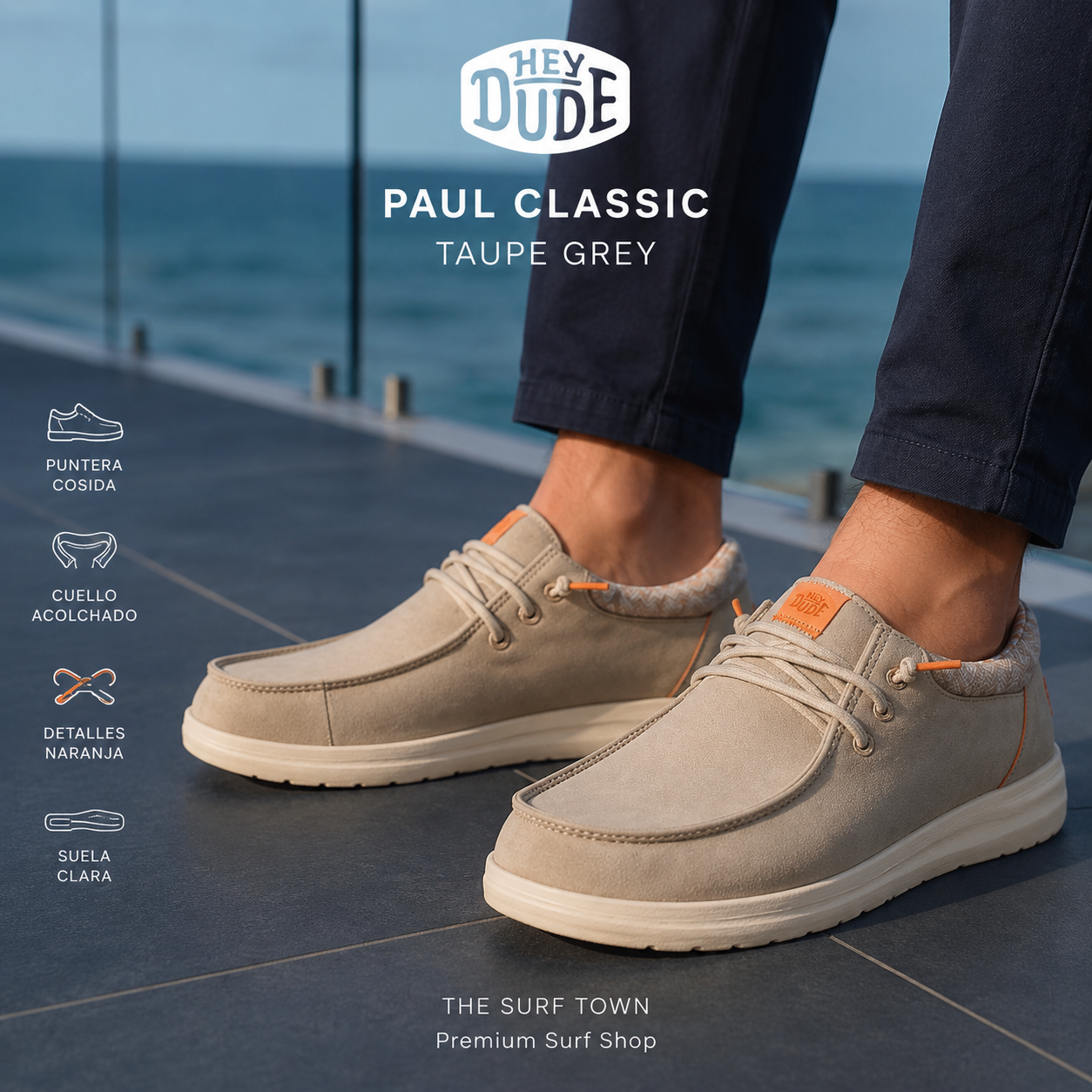 Zapatillas HEYDUDE Paul Classic Taupe Grey en imagen editorial propia de THE SURF TOWN