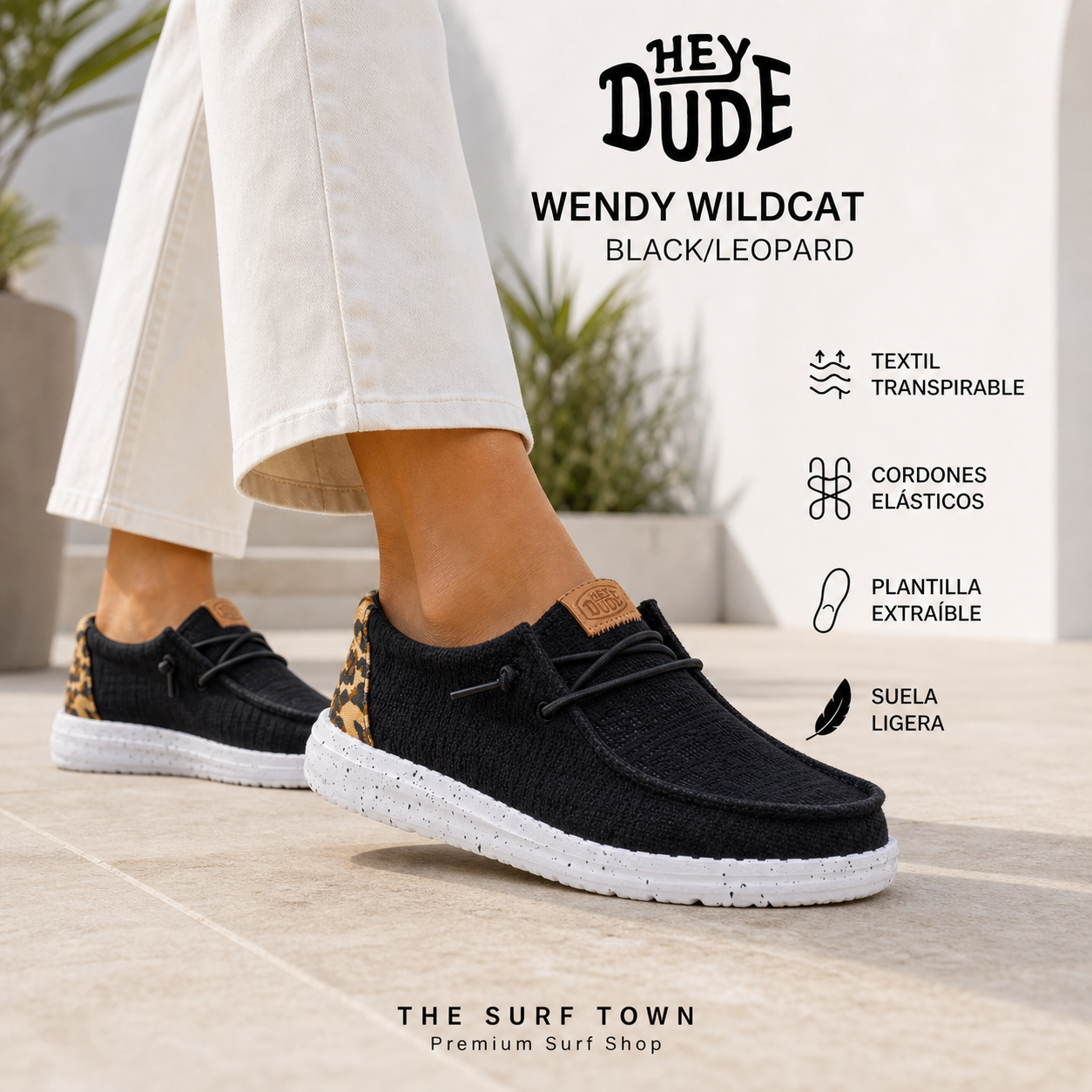 Zapatillas HEYDUDE Wendy Wildcat Black Leopard para mujer, imagen editorial propia de THE SURF TOWN