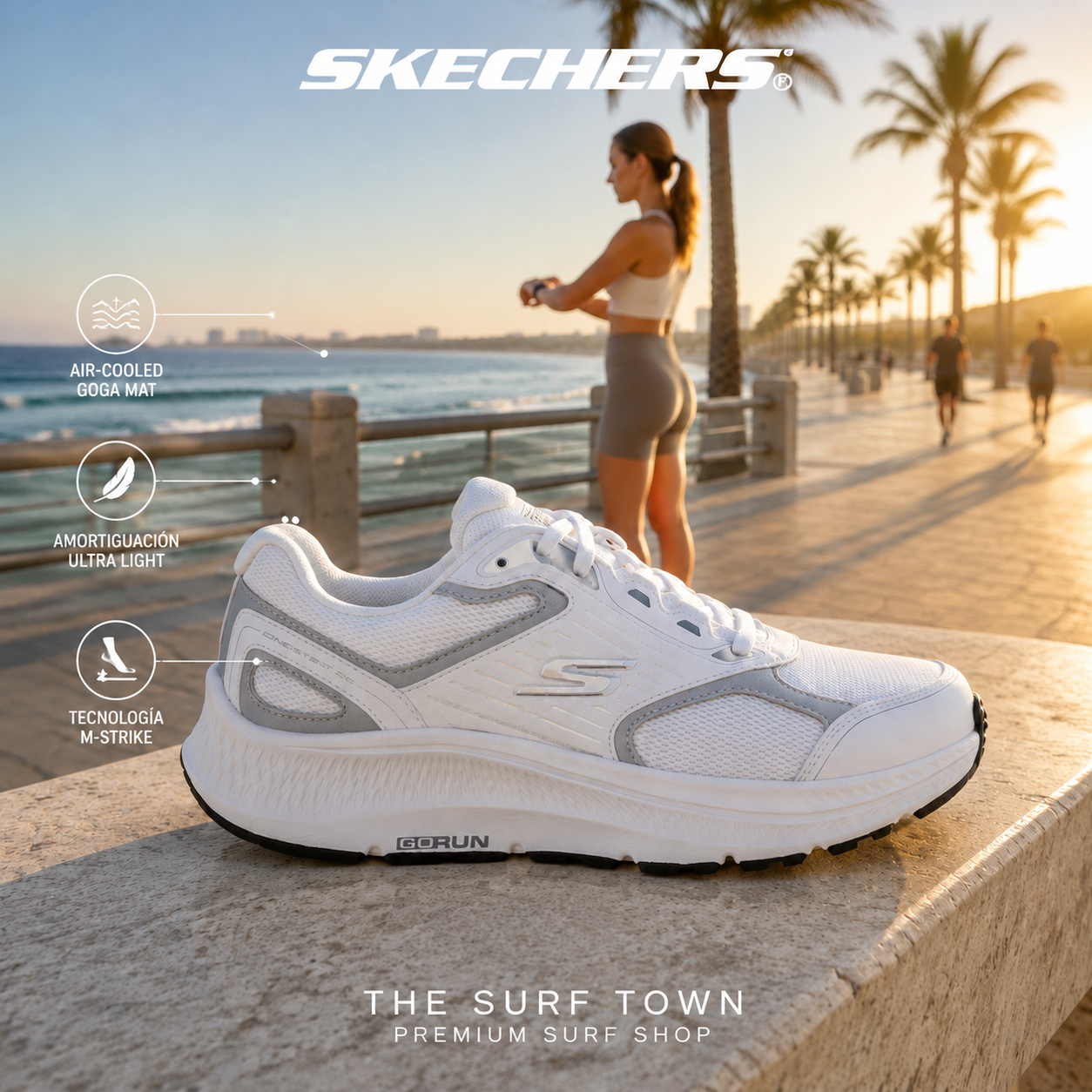 Zapatilla de mujer Skechers GO RUN Consistent 2.0 White Silver junto al mar, imagen editorial propia de THE SURF TOWN