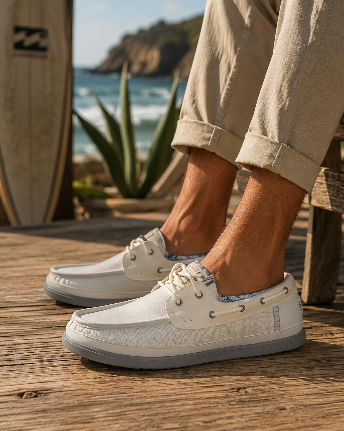 Zapatillas náuticas Hey Dude hombre color blanco estilo coastal lifestyle premium junto al mar