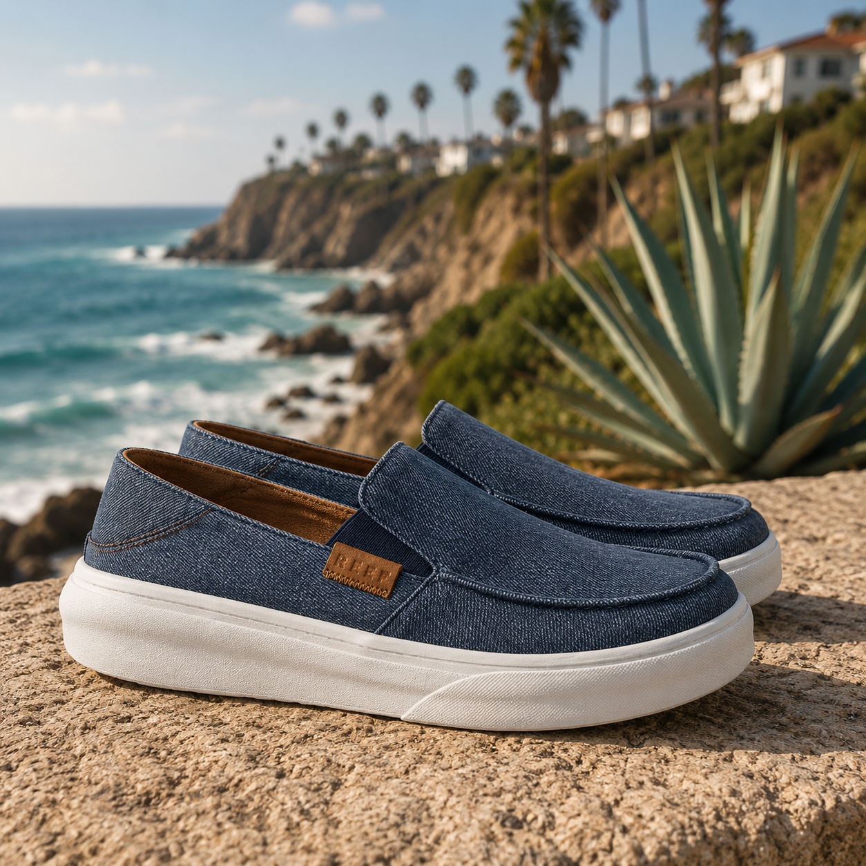 Zapatillas Reef Swellsole Pacific Navy para hombre sobre piedra junto al mar con estilo surf lifestyle premium y ambiente Costa del Sol