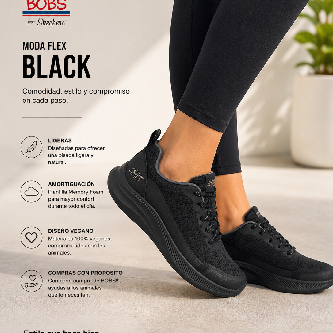 Zapatillas Skechers Bobs Moda Flex Black para mujer con diseño deportivo cómodo y ligero