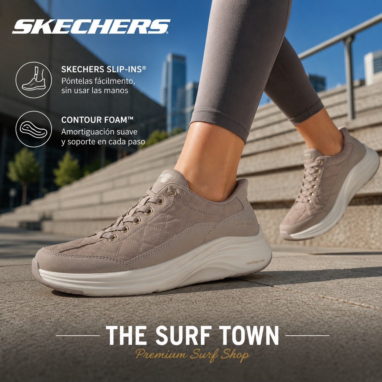 Zapatillas Skechers Contour Foam Taupe Slip-Ins de mujer - imagen editorial propia de THE SURF TOWN