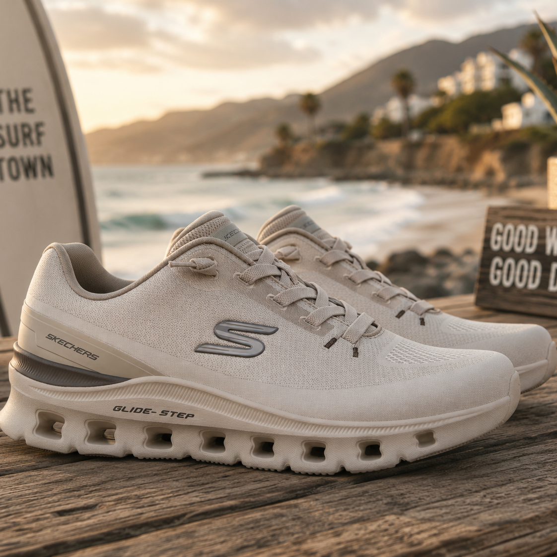 Zapatillas Skechers Glide Step Pro Taupe en escena lifestyle premium sobre mesa de madera junto al mar y ambiente surf Costa del Sol
