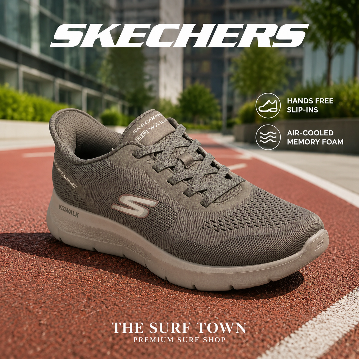 Zapatillas Skechers GO WALK Flex Slip-ins Dark Taupe para hombre en una escena deportiva, imagen editorial propia de THE SURF TOWN