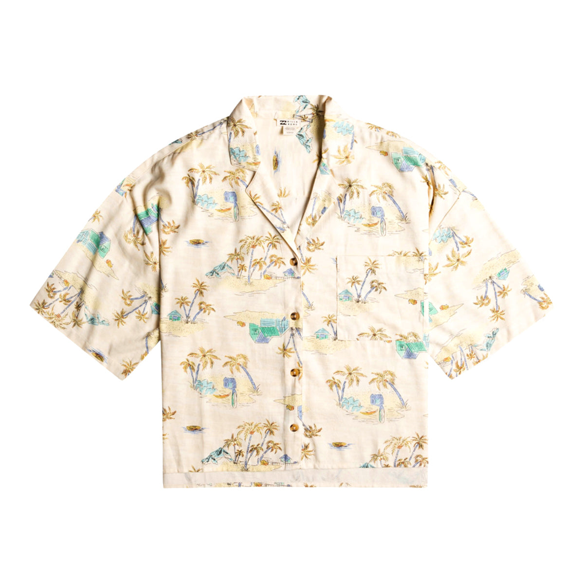 Camisa de mangas cortas oversize de estampado estilo hawaiano sobre fondo beige, de corte extra holgada y muy ligera.